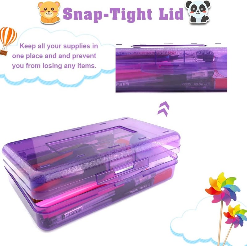 BOEIAC Pencil Box, Large Capacity Clear Pencil Case, 1 Pack Hard Pencil Case, Clear Crayon Box with Snap-tight Lid Stackable Design, Plastic Storage Box for Office Supplies, Purple - Image 5